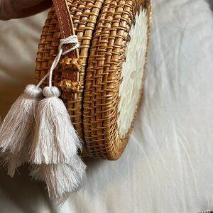 Woven Round Crossbody Bag with Cream Tassels - Women